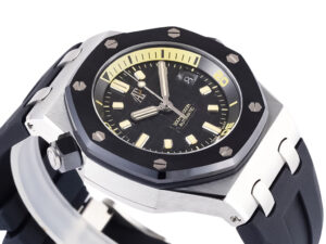 Royal Oak Offshore Diver 42mm in stainless steel with black dial, yellow minute scale, and black rubber strap.