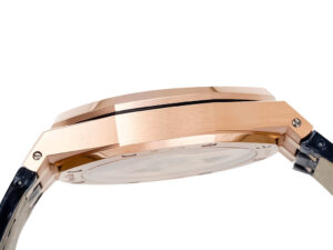 Side view of the Royal Oak Pink Gold '50th Anniversary' watch with a blue dial, leather strap, and 41mm rose gold case.