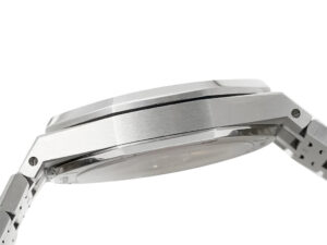 Side view of the Royal Oak Stainless Steel watch with brushed finish, showcasing its slim profile and detailed craftsmanship.