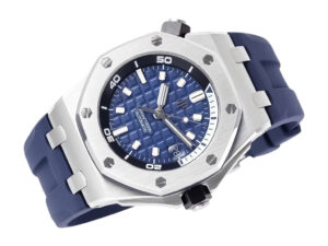 Royal Oak Offshore Diver Stainless Steel 42mm watch with blue dial, white hour markers, and a matching blue rubber strap.