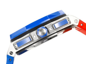 Side view of the 44mm Royal Oak Offshore Chronograph 'Russian Flag' featuring blue, white, and red accents.