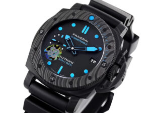 Luminor Submersible 47 3 Days Automatic watch with forged carbon case and bezel, black dial, and luminous blue markers.