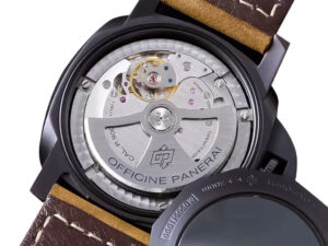 Back view of Luminor 1950 Marina 3 Days Automatic Aluminium (44mm) showcasing the exposed movement with brown leather strap.
