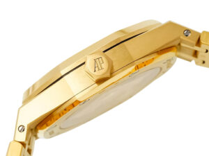 Side view of the Royal Oak Yellow Gold with Silver Dial (37mm), showcasing the detailed craftsmanship and AP engraved crown.