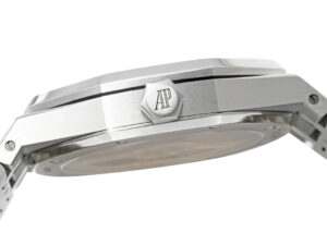 Side view of the Royal Oak Stainless Steel 41mm watch showcasing the grey dial, brushed case, and AP logo on the crown.