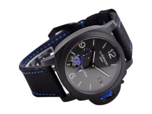 Luminor 1950 44 GMT Automatic Bucherer Blue Label Edition with DLC coated ceramic case, black strap featuring blue accents.
