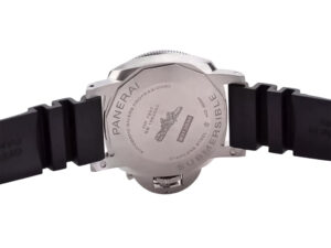 Back view of Luminor Submersible 42 3 Days Automatic ‘Azzurro’ watch showing stainless steel case and black rubber strap.