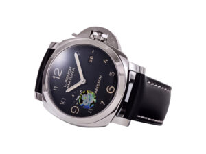 Luminor 1950 Marina 3 Days Automatic Stainless Steel watch with black dial, black strap, and visible date display (44mm).