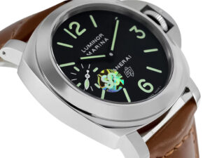 Luminor Marina Logo watch with a black dial, stainless steel case, 44mm size, and brown leather strap, angled side view.