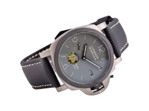 Luminor 1950 44 3 Days Automatic ‘TuttoGrigio’ watch with titanium case, forged carbon bezel, and black strap.