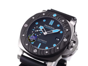 Luminor Submersible 47 3 Days Automatic watch with BMG-Tech titanium case & forged carbon bezel displayed on a product page.
