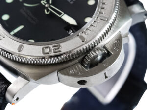 Close-up view of the Luminor Submersible 47 ‘Mike Horn Edition’ watch, featuring bezel with engraved grad markings.