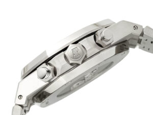 Side view of the Royal Oak Chronograph Stainless Steel watch with titanium dial, showcasing crown and pushers on its case.