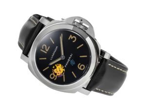 Luminor Base Logo Paneristi 15th Anniversary Handwound Watch with Stainless Steel Case, Black Dial, and Black Leather Strap.