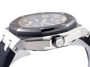 Royal Oak Offshore Diver Stainless Steel watch, 42mm, black dial, octagonal bezel, side view with crown detail.