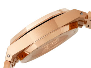 Side view of the Royal Oak Chronograph Pink Gold with Blue Dial (41mm), showcasing polished pink gold case and sleek design.
