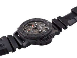 Luminor Submersible 47 Luna Rossa watch with a Carbotech forged carbon case, grey carbon dial, and black rubber strap.