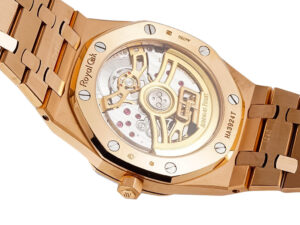 Rear view of the Royal Oak 'Jumbo Extra-Thin' Pink Gold '50th Anniversary' showing open caseback and intricate mechanism.