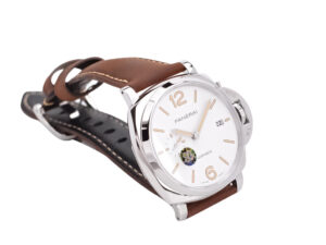 Luminor Due 42mm Automatic watch with stainless steel case, white dial, and brown leather strap displayed at an angle.