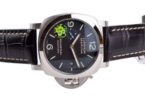 Luminor 1950 44 3 Days Automatic watch with polished bezel, brushed stainless steel case, black dial, and leather strap.