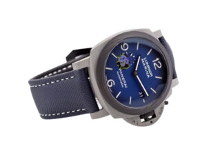 Luminor 1950 44 3 Days Automatic watch with 'Volcano Blu' dial, Fibratech composite case, and stitched blue strap.