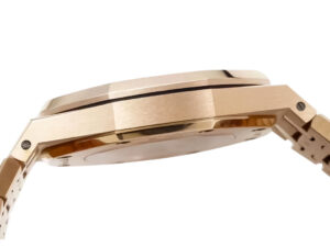 Side view of the Royal Oak Pink Gold Openworked Double Balance Wheel (41mm) showcasing its slim profile and polished finish.