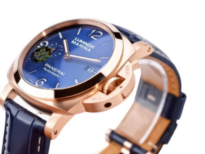 Luminor 1950 44 3 Days Automatic Goldtech Cushion Case watch with ‘Sole Blu’ sunburst dial and blue leather strap.