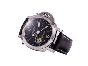 Luminor 1950 3 Days GMT 24h Automatic watch with stainless steel case, black dial, and black leather strap.