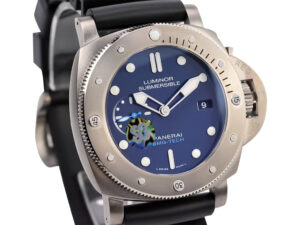 Luminor Submersible 47 3 Days Automatic watch with BMG-Tech titanium case, blue dial, and black rubber strap.