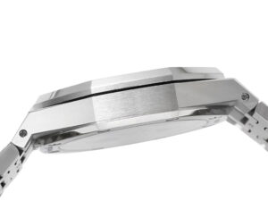 Side view of the Royal Oak Stainless Steel '50th Anniversary' watch with a 41mm case and brushed metal finish.