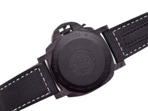 Back view of Luminor 1950 44 3 Days Automatic ‘Carbotech’ forged carbon case with black strap and visible engraved details.