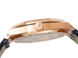 Side view of the Royal Oak Pink Gold ’50th Anniversary’ with blue dial, 41mm case, and leather strap,