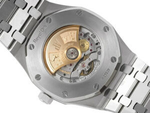 Close-up of the back view of the Royal Oak Stainless Steel 41mm watch, showcasing its mechanical movement and engravings.