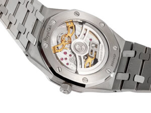 Back view of the Royal Oak ‘Jumbo Extra-Thin’ Stainless Steel ’50th Anniversary’ watch displaying its intricate movement.