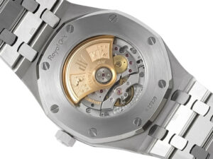 Back view of the Royal Oak Stainless Steel 41mm watch, showcasing the intricate automatic movement and decorative rotor.