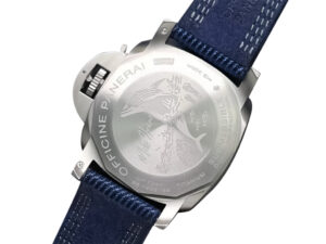 Back view of Luminor Submersible 47 ‘Mike Horn Edition’ watch, showing titanium case engraving and blue stitched strap.