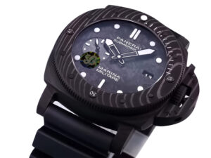 Luminor Submersible 47 Marina Militare ‘Carbotech’ watch with forged carbon case and bezel, featuring a black strap.