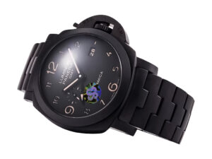 Luminor 1950 3 Days GMT Automatic ‘Tuttonero’ watch with black ceramic case and bracelet, featuring a sleek black dial.