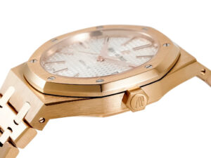Royal Oak Pink Gold 41mm watch with a silver dial, octagonal bezel, and integrated bracelet viewed from angled side profile.