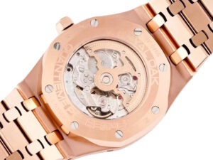 Back view of the Royal Oak 'Perpetual Calendar' Pink Gold watch showcasing its mechanical movement and engraved details.