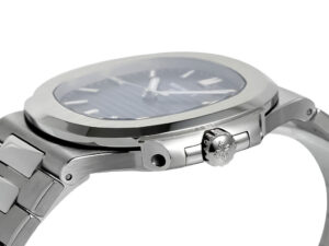 Close-up side view of the Nautilus Stainless Steel with Blue Dial (41mm), highlighting its sleek crown and brushed finish.