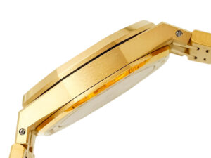 Side profile view of the 37mm Royal Oak Yellow Gold watch, showcasing its sleek gold case finish and precise craftsmanship.