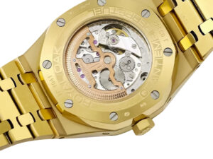 Back view of the Royal Oak ‘Perpetual Calendar’ Yellow Gold (41mm) showcasing the automatic movement through the caseback.