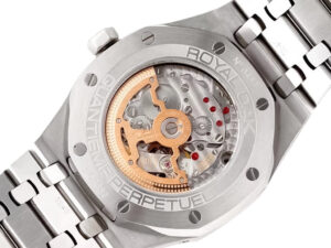 Back view of the Royal Oak ‘Perpetual Calendar’ Stainless Steel (41mm) showcasing intricate movement and engraved details.