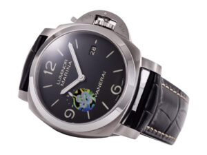 Luminor 1950 3 Days Automatic Stainless Steel watch with black dial, date display, and black leather strap (44mm).