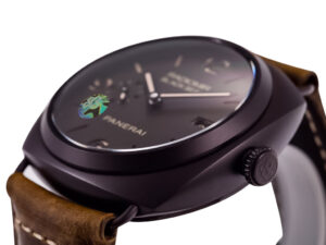 Radiomir Composite Black Seal 3 Days Automatic watch with a brown dial, black case, and brown leather strap (45mm).