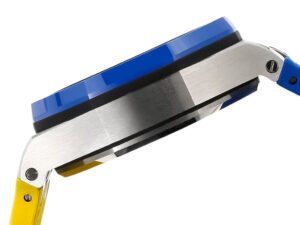 Side view of the Royal Oak Offshore Chronograph ‘Ukrainian Flag’ (44mm) showcasing its blue, yellow, and silver case design.