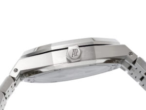 Royal Oak Stainless Steel '50th Anniversary' Grey Dial (41mm) side view showcasing sleek case design and iconic logo.