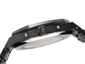 Side view of the Royal Oak Perpetual Calendar Ceramic with Black Dial (41mm), showcasing its sleek black ceramic case.