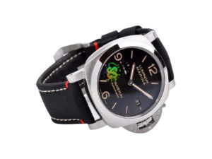 Luminor 1950 44 3 Days Automatic ‘Roma’ watch with stainless steel case, black sunburst dial, and black strap.